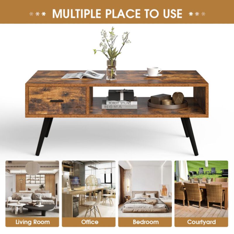 Hivvago Retro Rectangular Coffee Table with Drawer and Storage Shelf-Rustic Brown