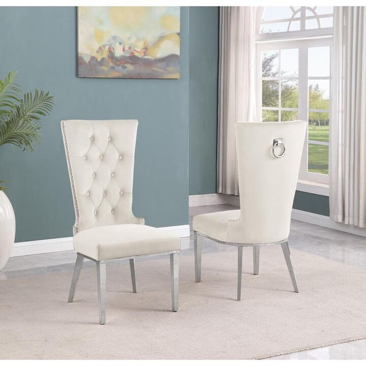 Best Quality Furniture Cream Velvet Side Chair With Silver Stainless Steel Base (Set Of 2)