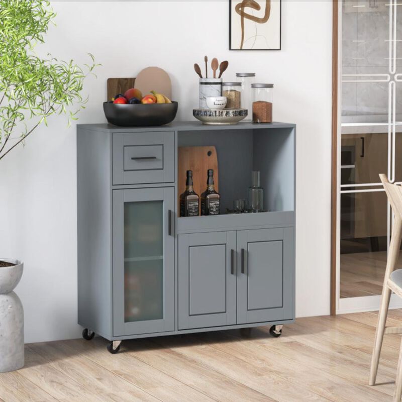 Hivvago Rolling Kitchen Island with Wheels Drawer and Glass Door Cabinet