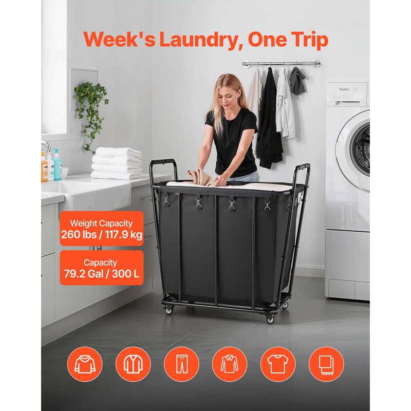 Rolling Utility Shopping Cart with Waterproof Liner, Heavy Duty Basket for Laundry & Storage-Black image number 7