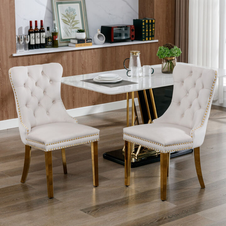 Modern, High-end Tufted Solid Wood Contemporary Velvet Upholstered Dining Chair with Golden Stainless Steel Plating Legs, Nailhead Trim, Set of 2,Beige and Gold