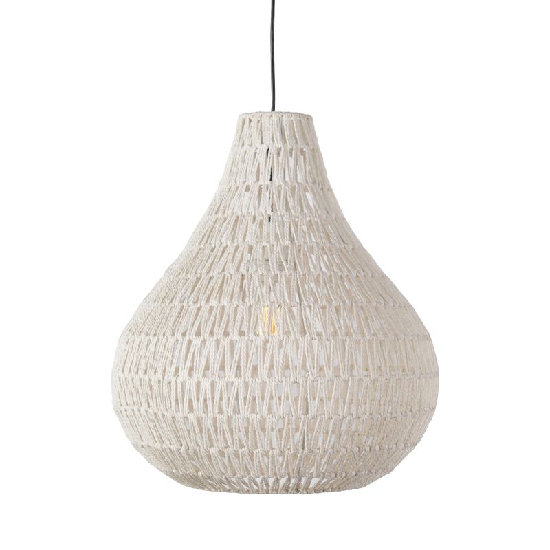 Boney 18 Inch Pendant Light, Woven Rope, Rounded Shape, Iron, White - Benzara