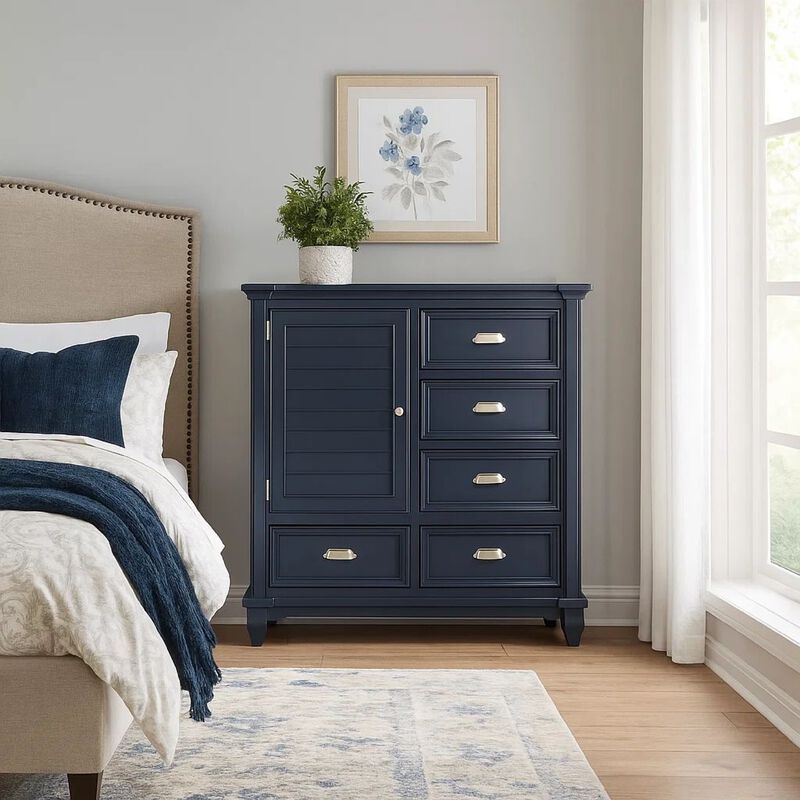 Zeny Bedroom Armoire, 48 Inch, 5 Drawers w 1 Cabinet, Slate Blue Solid Wood image number 6