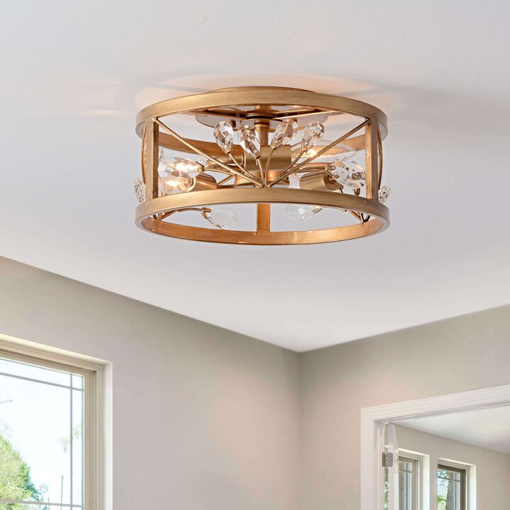 Adela 3-Light Metal Cage Drum Flush Mount - Brushed Brass