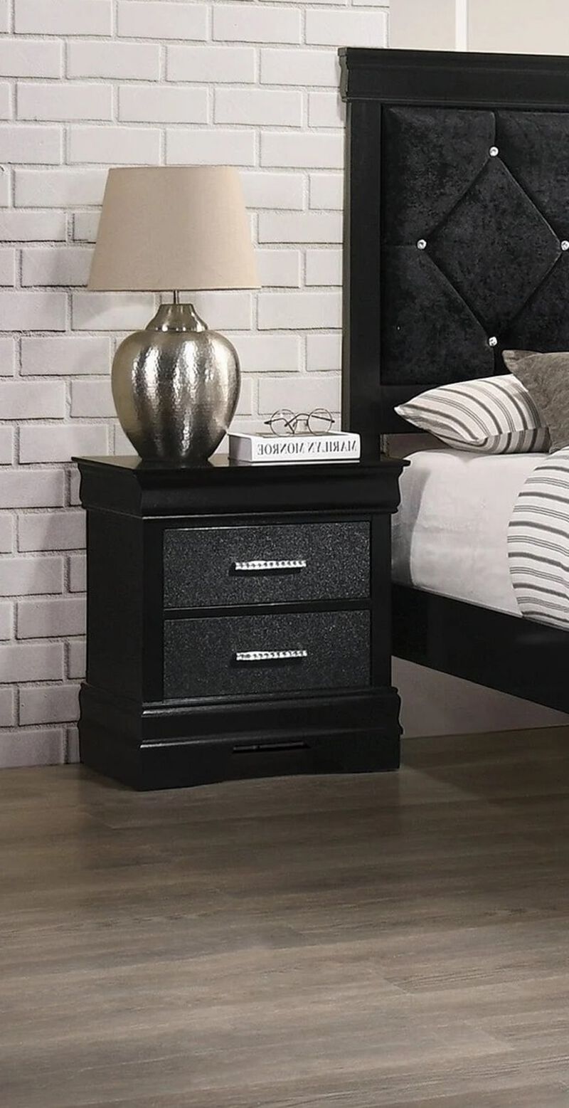 Streamdale Modern Black Nightstand with Crystal Buttons