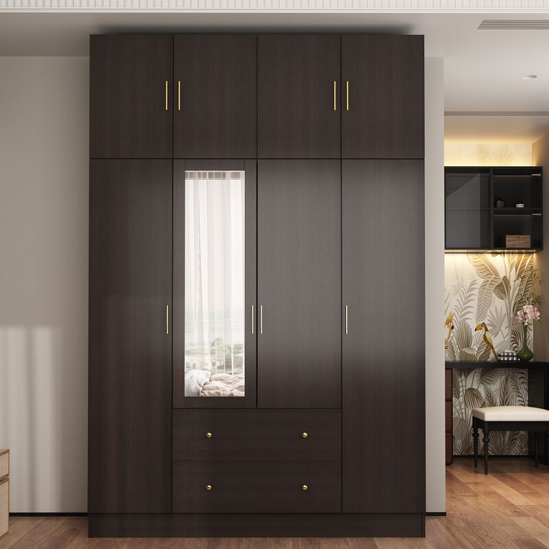 FUFU&GAGA Elegant Wardrobe with Mirror, Adjustable Shelves, and Spacious Drawers (63" W x 19.7" D x 94.5" H),Dark Brown image number 1