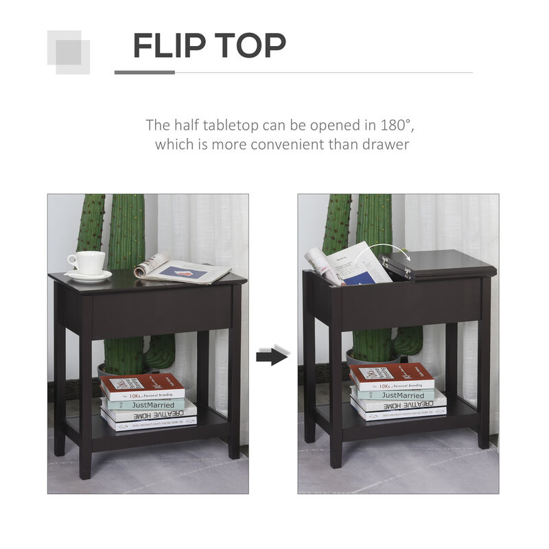 HOMCOM End Table, Narrow Side Table with Flip Top, Storage Cabinet, Bottom Shelf for Living Room, Bedroom, Dark Coffee