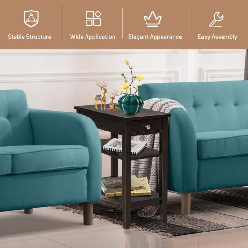 Hivvago Side End Table with Drawer and 2-Tier Open Storage Shelves for Space Saving