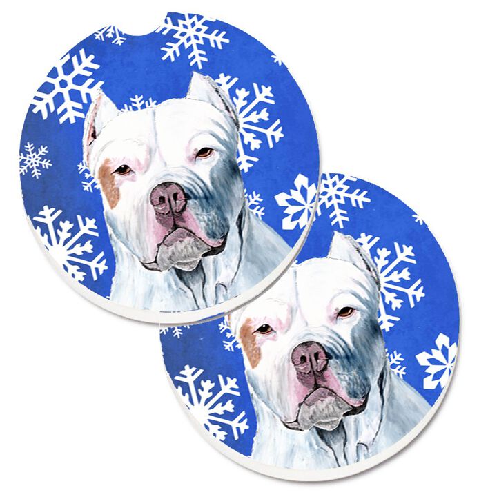 Caroline's Treasures Pit Bull Winter Snowflakes Holiday Set of 2 Cup Holder Car Coasters SC9381CARC, 2.56, Multicolor