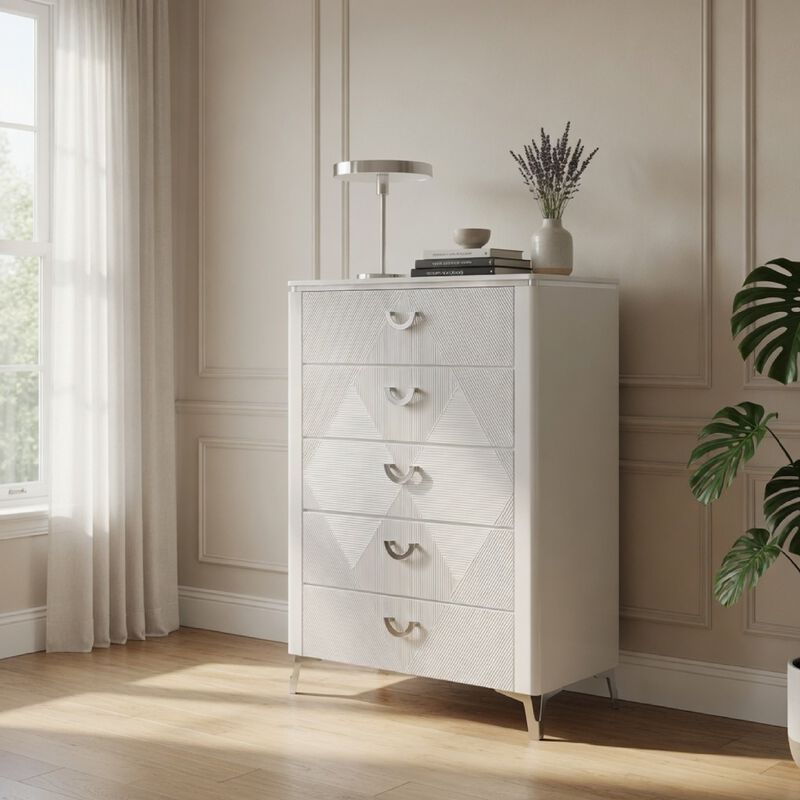 Ivana Tall Dresser Chest with 5 Drawers, Geometric Front, White Wood image number 1