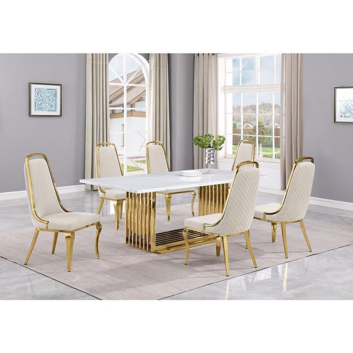 7pc Small(68") marble top dining set with gold base and 6 Cream side chairs