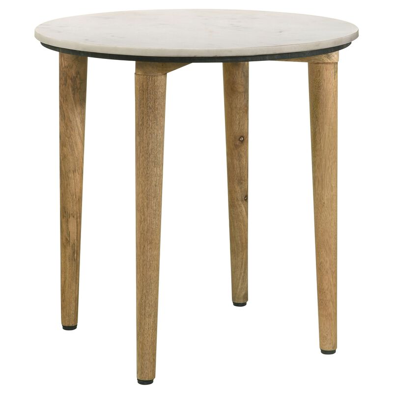 Wolu 22 Inch Side End Table, White Marble Round Top, Natural Brown Wood image number 0