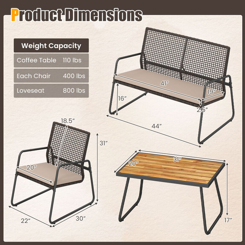4-Piece Mix Brown Outdoor Furniture Set with Acacia Table and Zippered Cushions image number 3