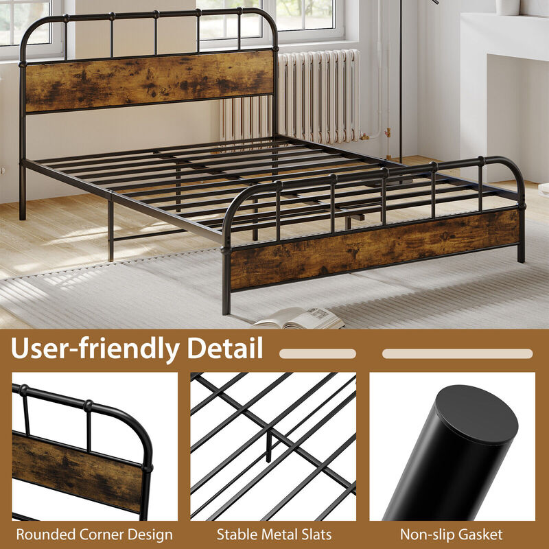 Queen Size Industrial Metal Platform Bed Frame Headboard Mattress Foundation