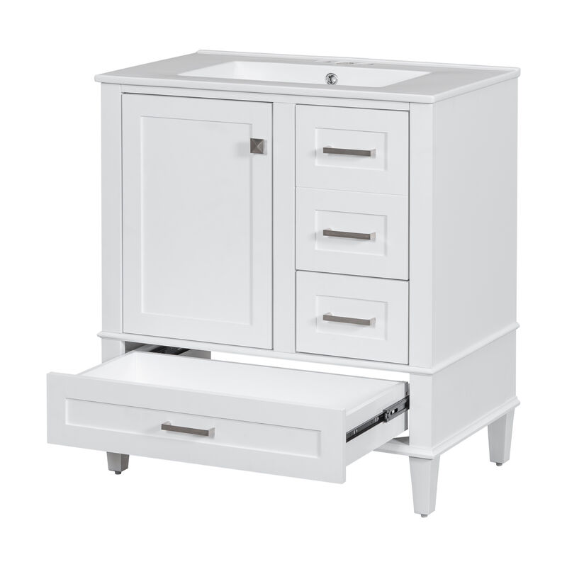 Whisen 30 in. Bathroom Storage Cabinet Bathroom Vanity with Ceramic Sink, Soft Close Door and 3 Drawers