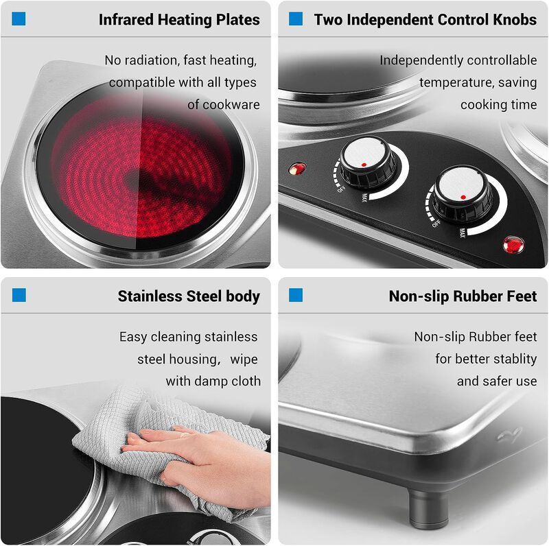 Cusimax Hot Plate, 1800W Double Burners, Infrared Burners Electric Ceramic Hot Plate Cooktop for Cooking, Portable Countertop Cooktop image number 6