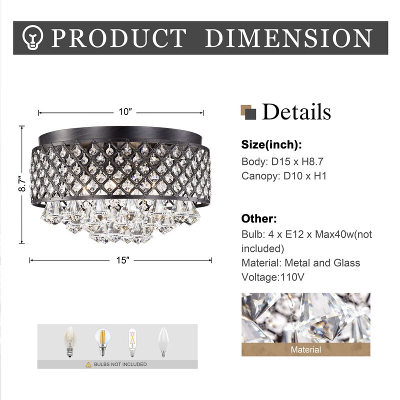 Vanessa 4-light 15" Antique Black Flush Mount Chandelier image number 2