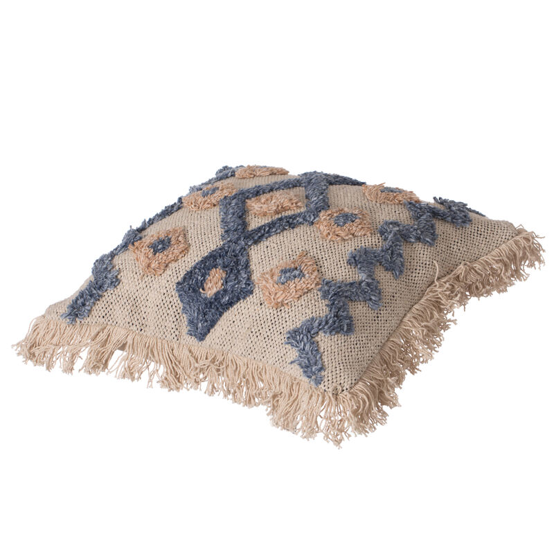 16" Handwoven Cotton & Silk Throw Pillow Cover with Embossed Zig Zag with Filler, Blue & Beige