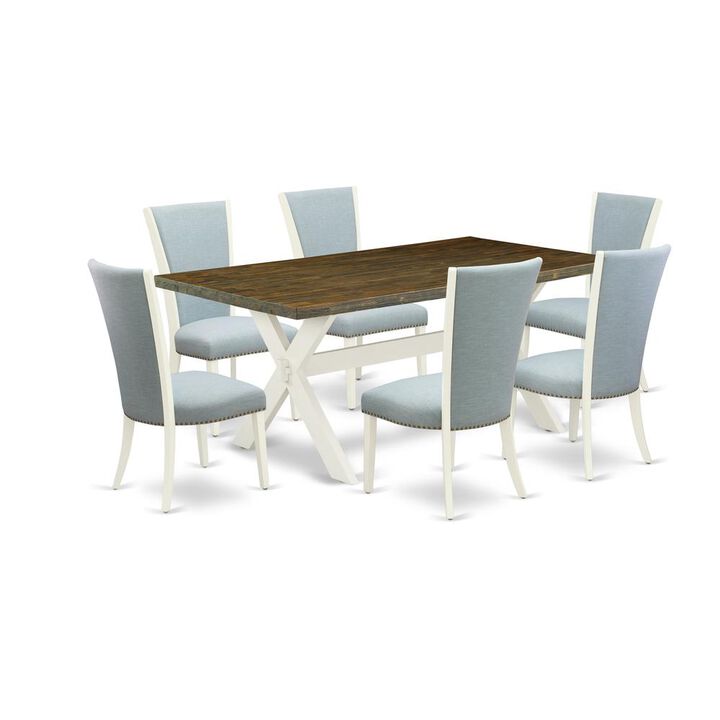 East West Furniture 7 Piece Dining Room Set - 6 Baby Blue Linen Fabric Dining Room Chair with Nail Heads and Distressed Jacobean Dining Table - Linen White Finish