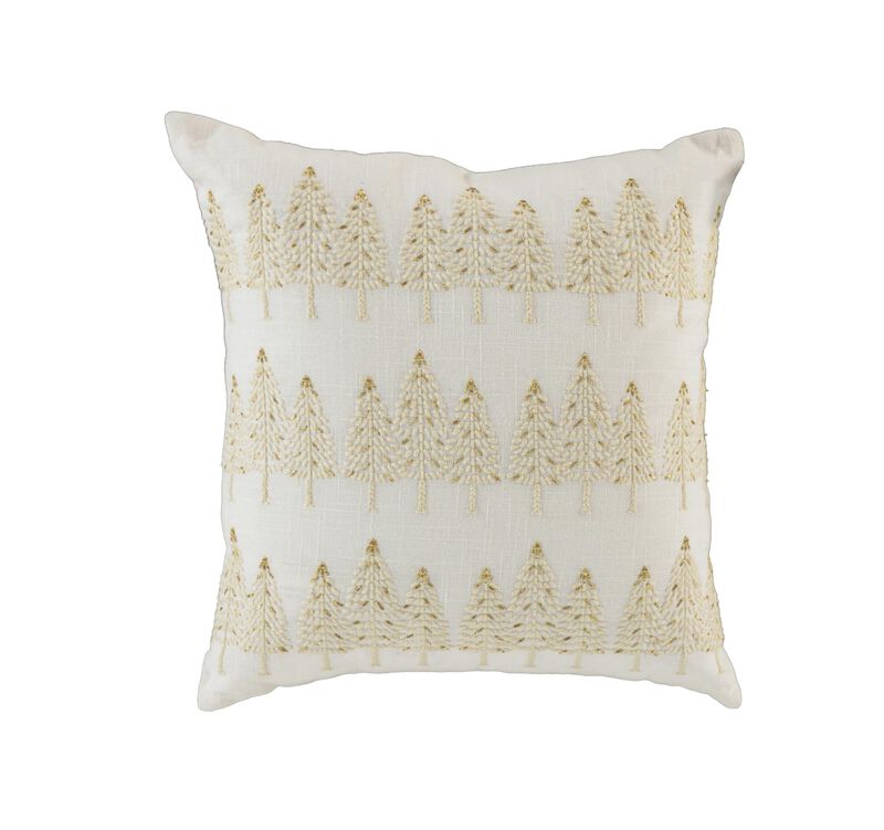 HomeRoots 18" Ivory And Gold Cotton Christmas Trees Throw Pillow With Embroidery image number 3