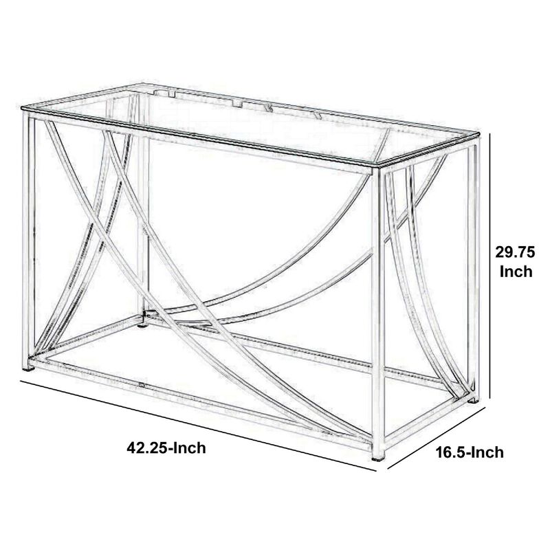 Glass Top Rectangular Sofa Table with Swooping  Curves, Clear and Silver image number 5