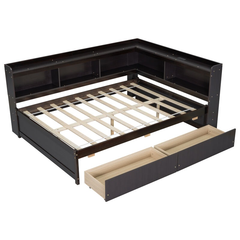 Whisen Full Size L-shaped Bookcases Bed with Power Outlets, USB Charging Ports,Two Drawers image number 8