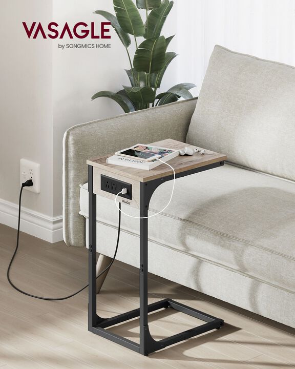 C-Shaped Side Table with Charging Station &ndash; Slim Sofa Table with USB Ports and Outlets for Living Room or Bedroom