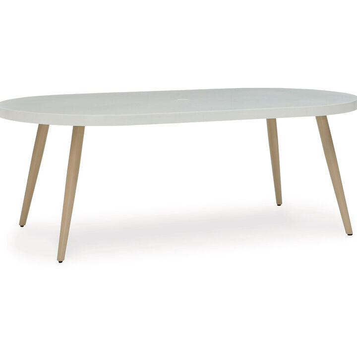 Yami Outdoor Dining Table, 80 Inch Oval Faux White Stone Top, Brown  - Benzara