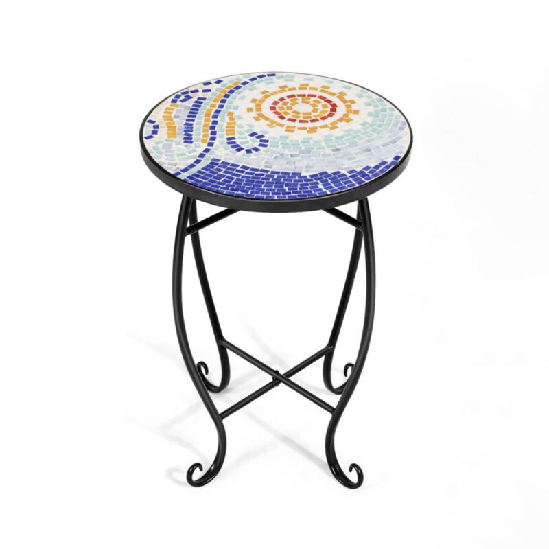 Hivvago Mosaic Round Side Table Plant Stand for Patio Lawn Garden