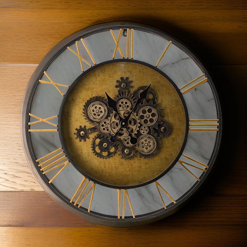 28 Inch Hanging Wall Clock, Round Gear Design, Gold and Black Iron Frame - Benzara