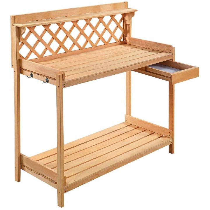 QuikFurn Solid Wood Garden Work Table Potting Bench in Natural Finish