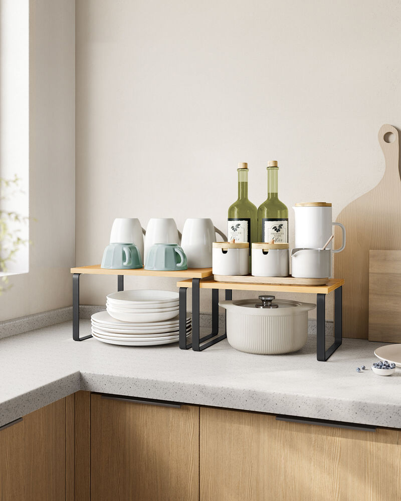 Expandable and Stackable Cabinet Shelf Organizer &ndash; Metal and Bamboo Kitchen Counter Shelves, Set of 2