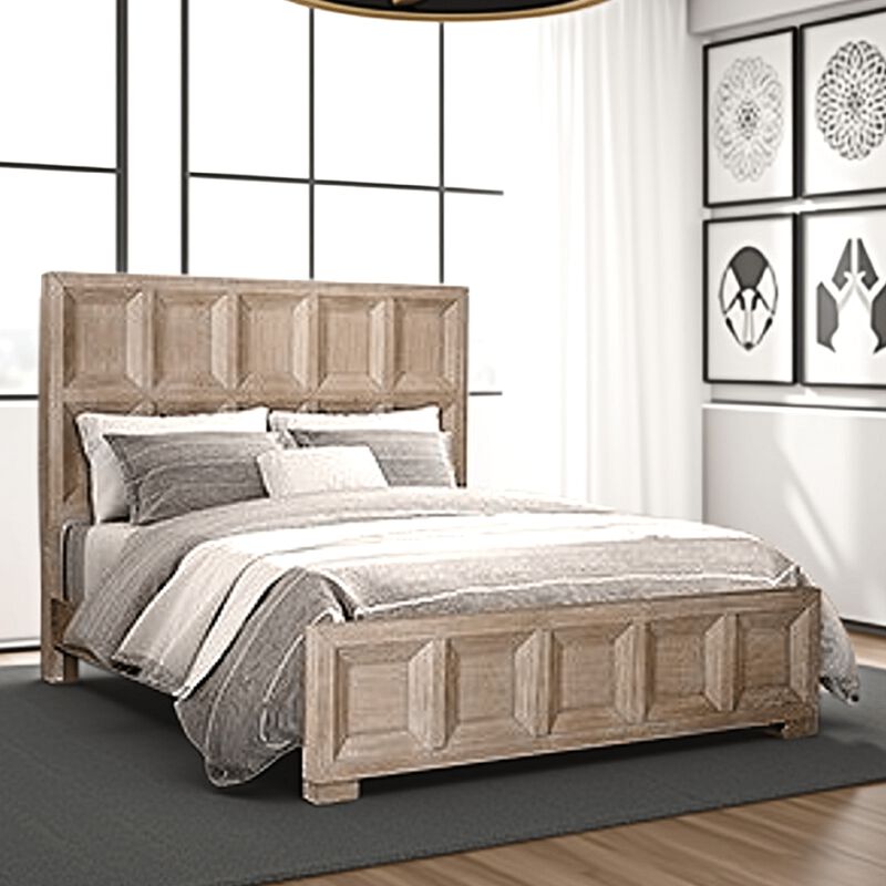 Kizie Queen Size Bed, Modern Classic Recessed Panels, Beige Solid Wood - Benzara