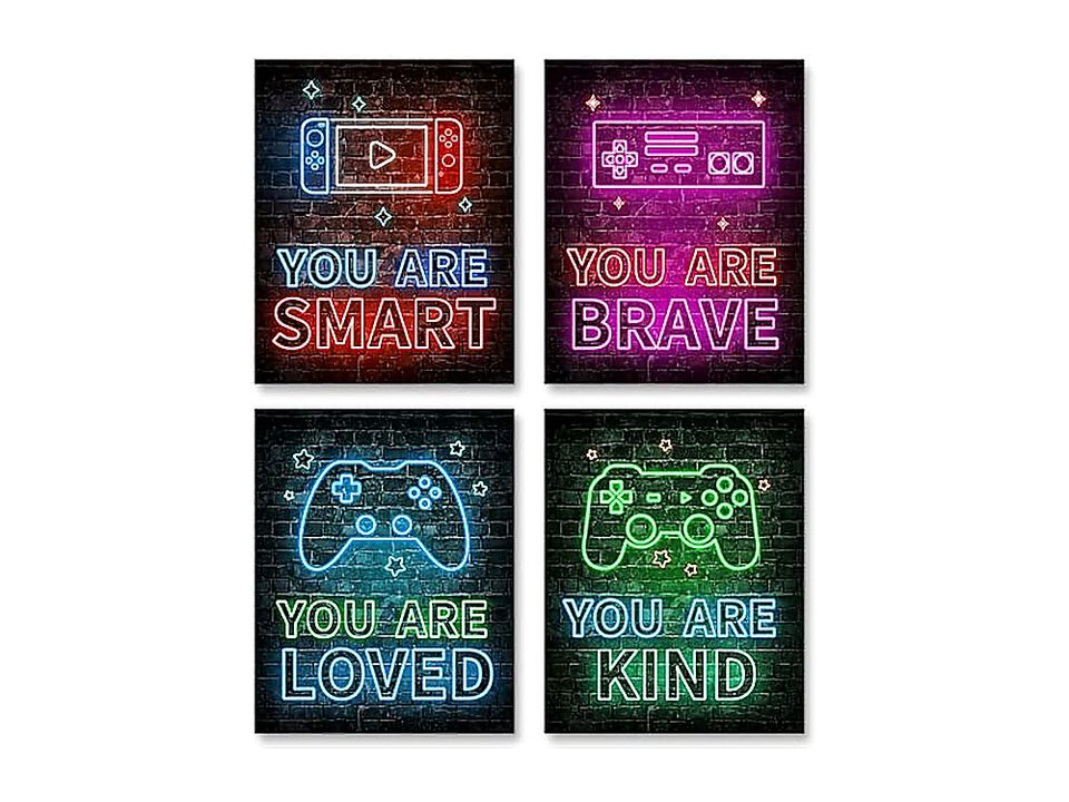 Neon Video Game Decor Set 4 8 X 10 Inch Boys Bedroom Encouragement Gaming Wall