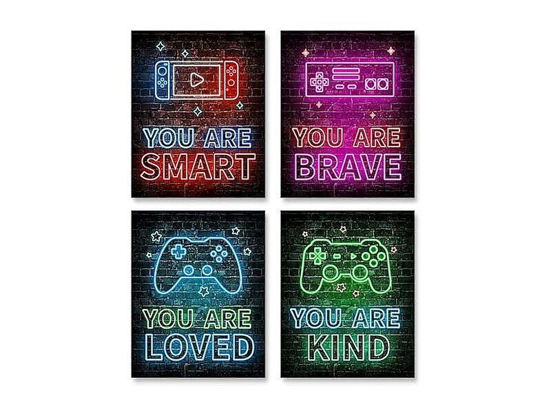 Neon Video Game Decor Set 4 8 X 10 Inch Boys Bedroom Encouragement Gaming Wall image number 0