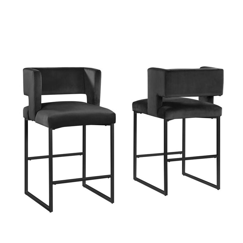 Lynx Black Velvet Bar Stools in Matte Black (Set of 2)