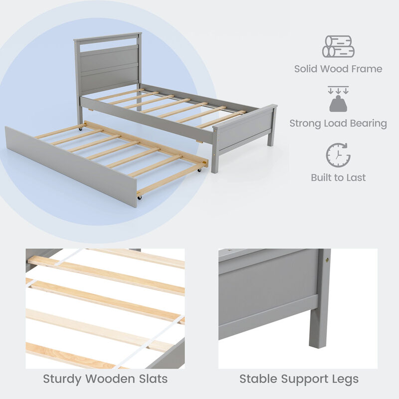Twin Size Wooden Bed Frame with Trundle for Teens and Adults