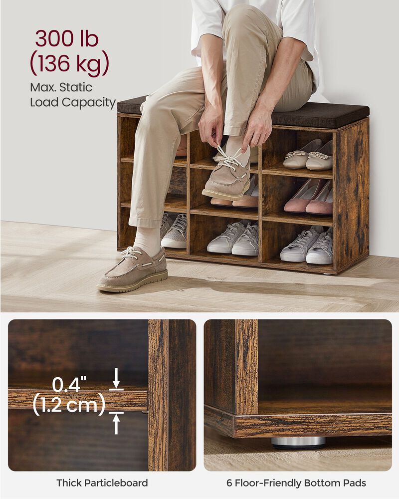 Cubbie Shoe Cabinet with Cushion Seat and Adjustable Shelves - Storage Bench for Entryway