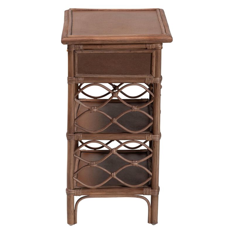 bali & pari Akane Natural Rattan Nightstand with Drawer and Open Shelves – Coastal Bedside Table with Lattice Design, Brown