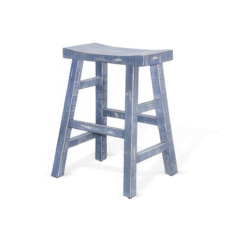 Rena Counter Stool Set of 2, Saddle Seat, Ocean Blue Mahogany Wood - Benzara