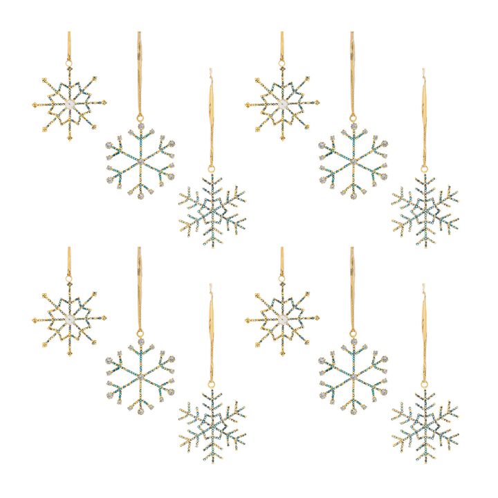 Set of 12 Jeweled Metal Snowflake Ornaments for Christmas Tree or Holiday Garland