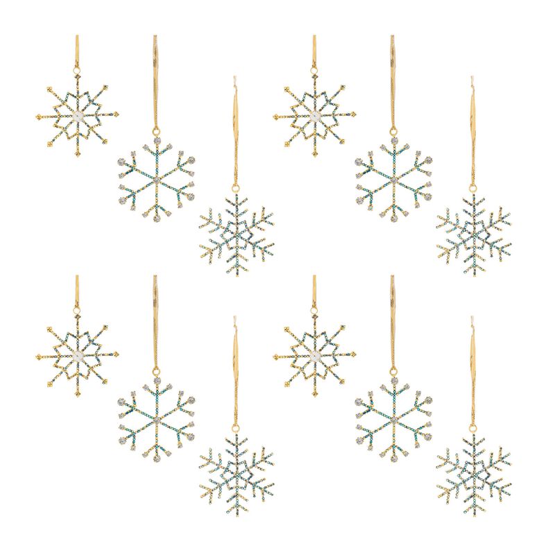 Set of 12 Jeweled Metal Snowflake Ornaments for Christmas Tree or Holiday Garland