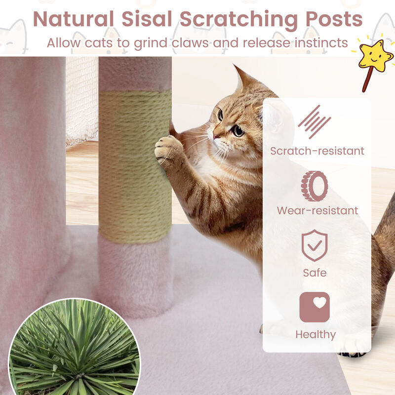 Pink Modern Cat Tower with Upholstered Perch and Dual Cat Condos image number 7