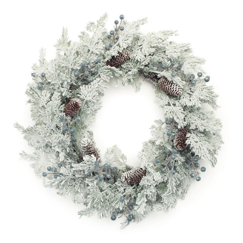 Snowy Pine and Cedar Wreath with Berries – Artificial Christmas Wreath for Mantel, Entryway, or Porch