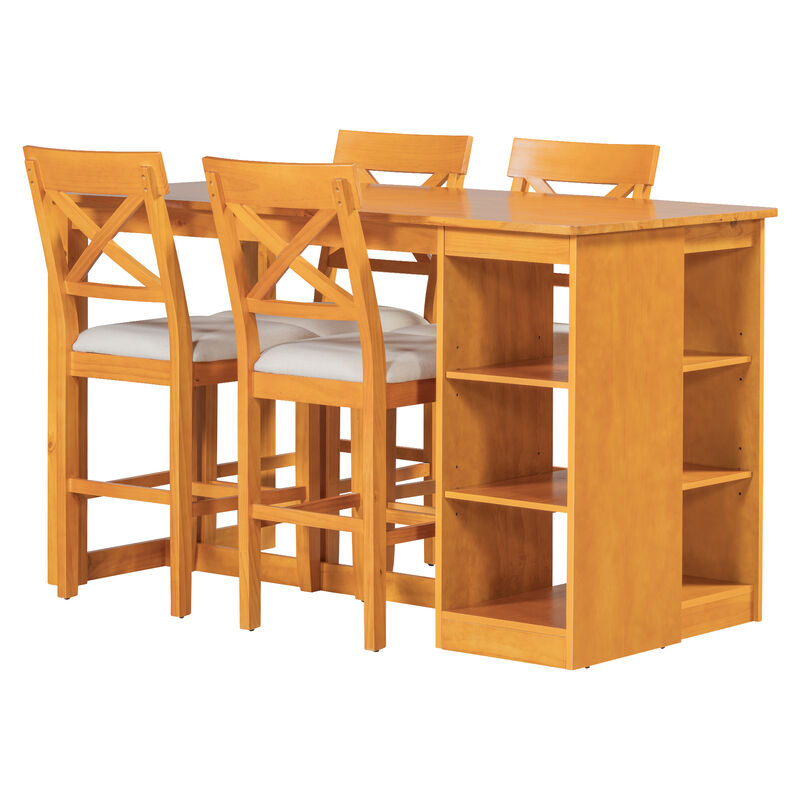 Merax Solid Wood Farmhouse Counter Height Dining Table Set with 3-Tier Storage Shelves