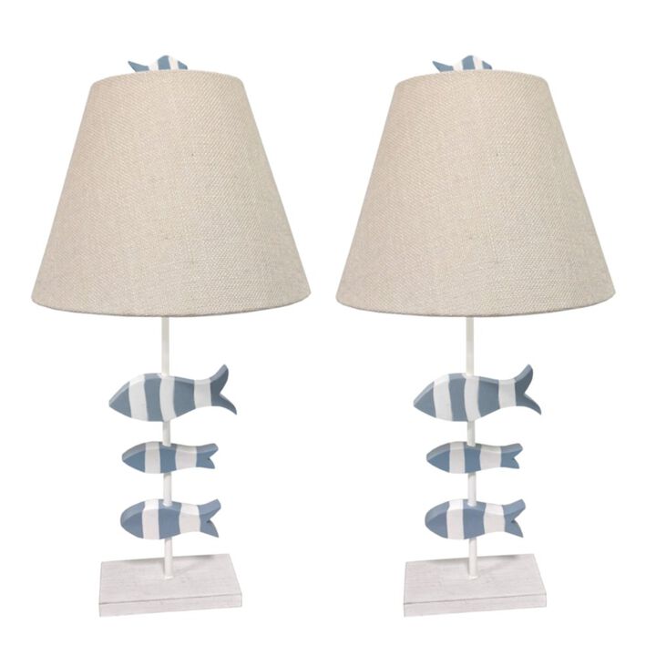 Lux Lighting School of Fish 28” Resin 3-Fish Table Lamp, Blue and White, (Set of 2)