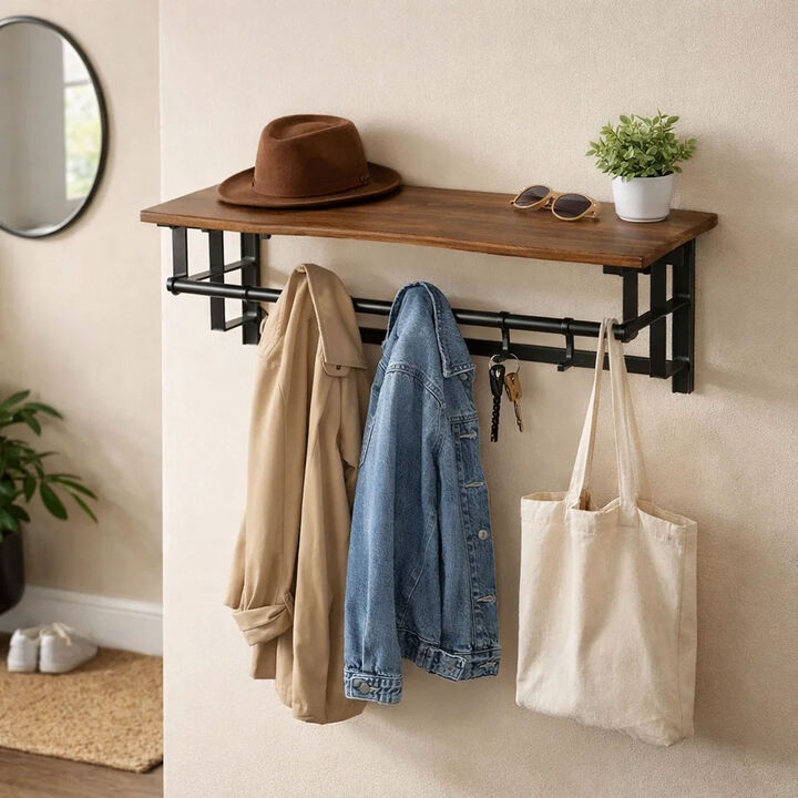 26 Inch Industrial Metal Frame Wall Mount Coat Rack, 5 Hooks, 1 Shelf, Rustic Brown, Black