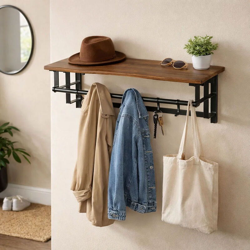 26 Inch Industrial Metal Frame Wall Mount Coat Rack, 5 Hooks, 1 Shelf, Rustic Brown, Black image number 1
