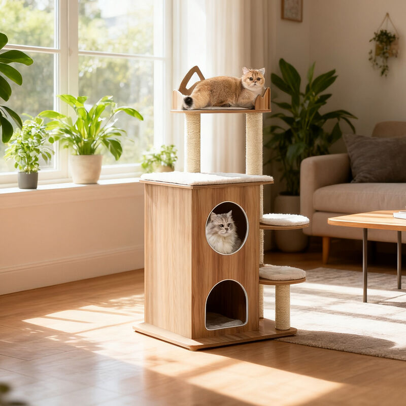 Wooden Cat Tree with 2 Level Condo and Removable Washable Cushions-Natural image number 7