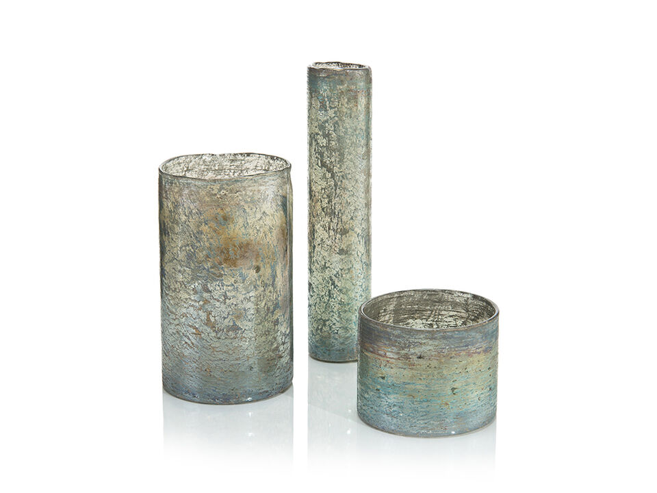 Set Of Three Foil And Green Cylindrical Vases